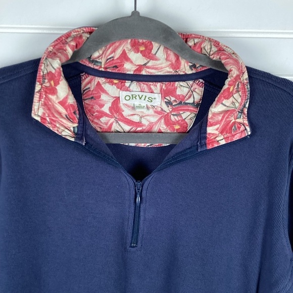 Orvis 1/4 Zip Pullover Womens Size XL Blue Floral Trim Preppy Cuffed Cotton - Picture 2 of 7